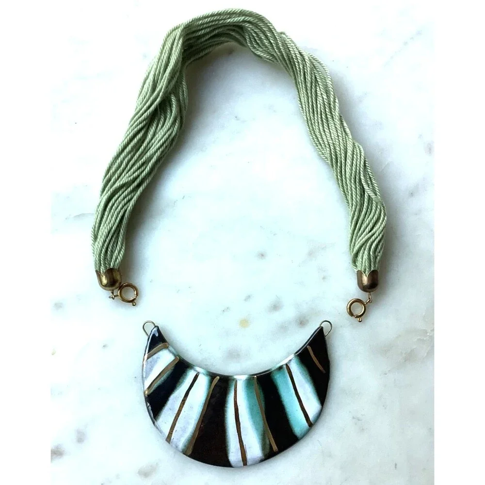Vintage Ceramic Necklace Bib Statement Handmade in Austria Black Green Gold